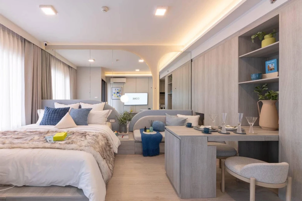 Condo for sale, COBE Kaset-Sripatum Studio, 26.68 sq m, high floor, open view, east side, fully furnished, fully decorated, reserve now.