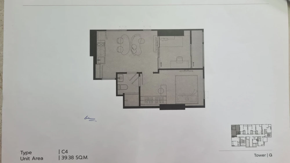 Selling down payment for COBE RATCHADA - RAMA 9, 7th floor, Building G, 39.38 sq m unit with standard movable furniture.