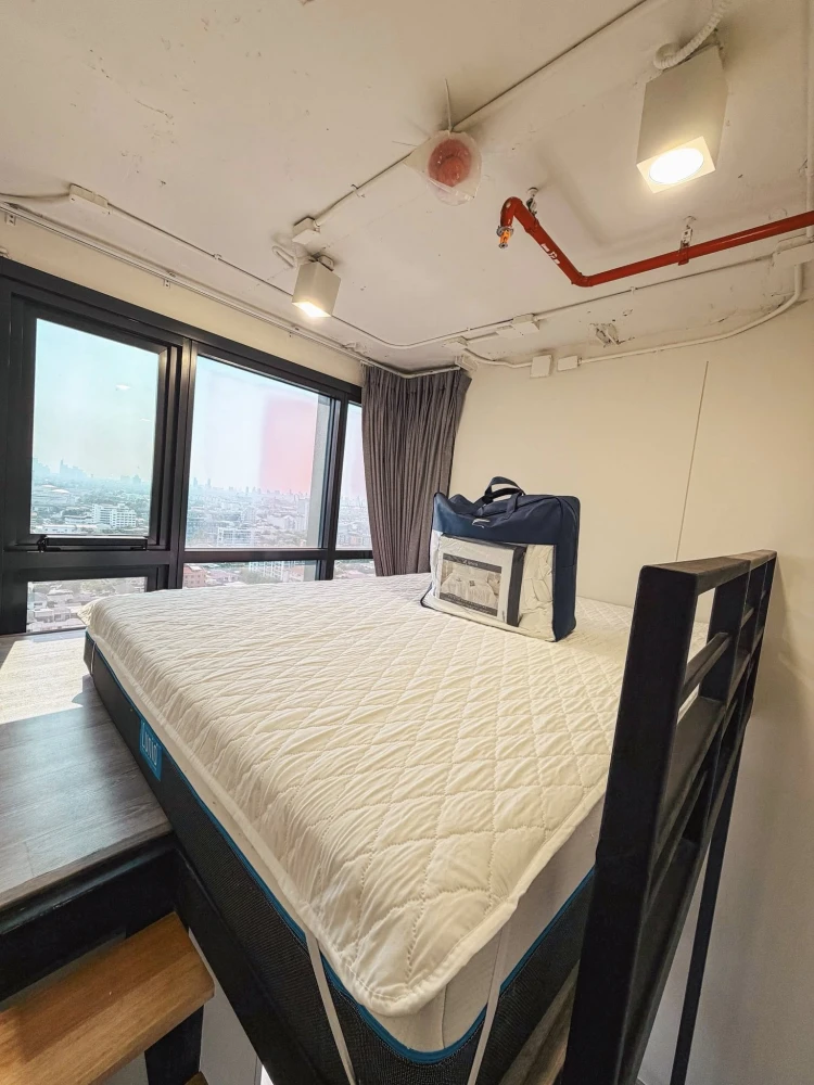 Available for immediate rental: The Line Sukhumvit 101, mezzanine duplex, maximizing space both inside and out, 16th floor, stunning river view. Book