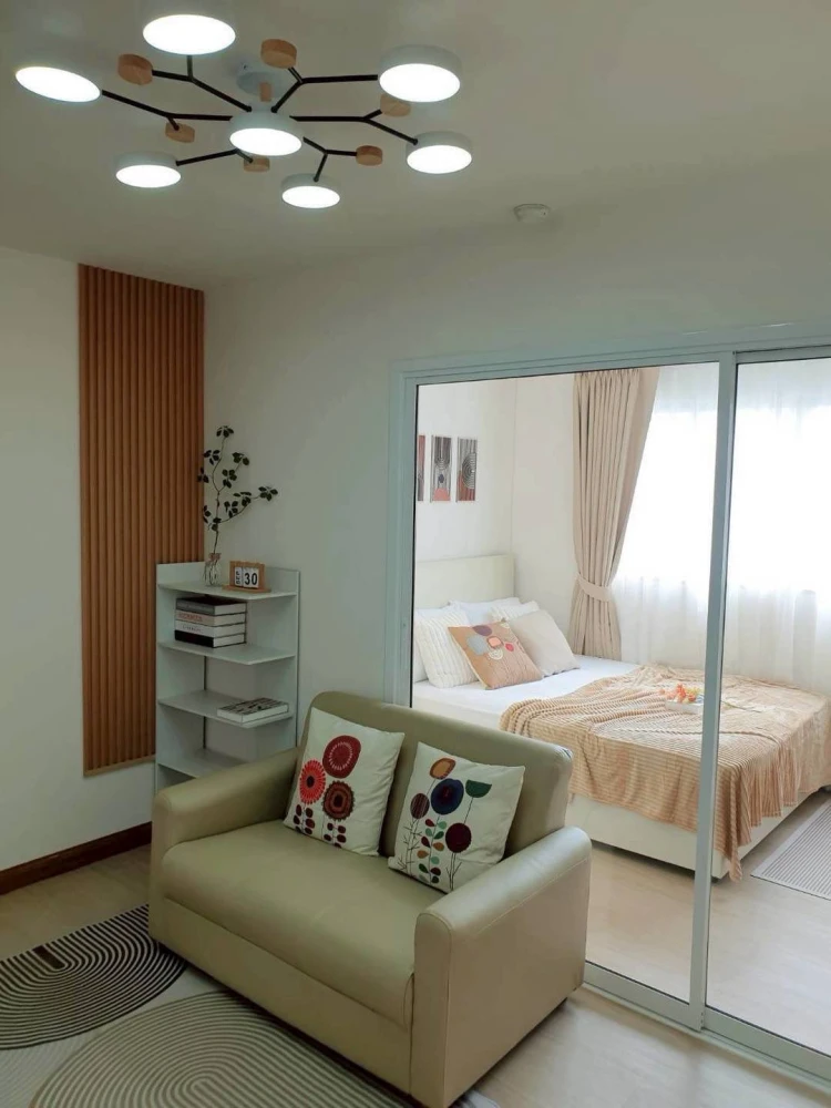 For rent: Lumpini Center Nawamin, fully furnished in Minimalist Muji style. Warm and homey, emphasizing wood accents and a spacious, airy feel, creati