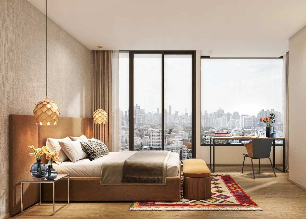 For rent: Noble Form Thonglor. The bedroom has a city view, which is great during the day, but even better at night.