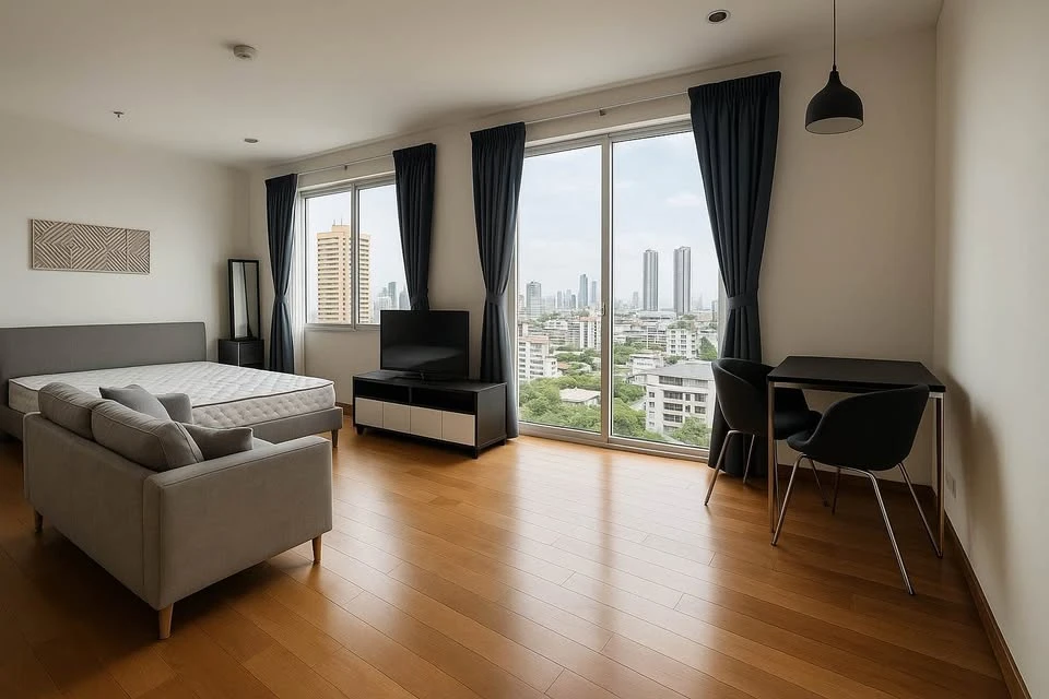 Villa Sathorn for rent, the room has sliding glass doors separating the kitchen and living areas, complete with furniture and appliances, must book.