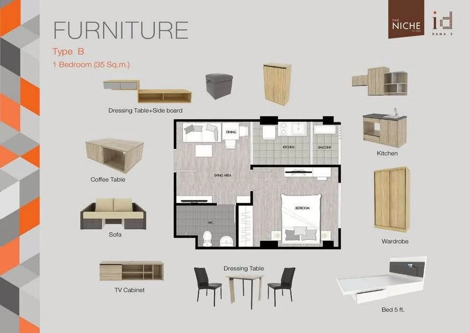 ขาย The Niche id Rama 2 เฟส 2 ชั้น 5 วิวสระน้ำ ภายในห้อง จัดแบ่งพื้นที่ใช้สอยอย่างลงตัว สนใจจองเลย