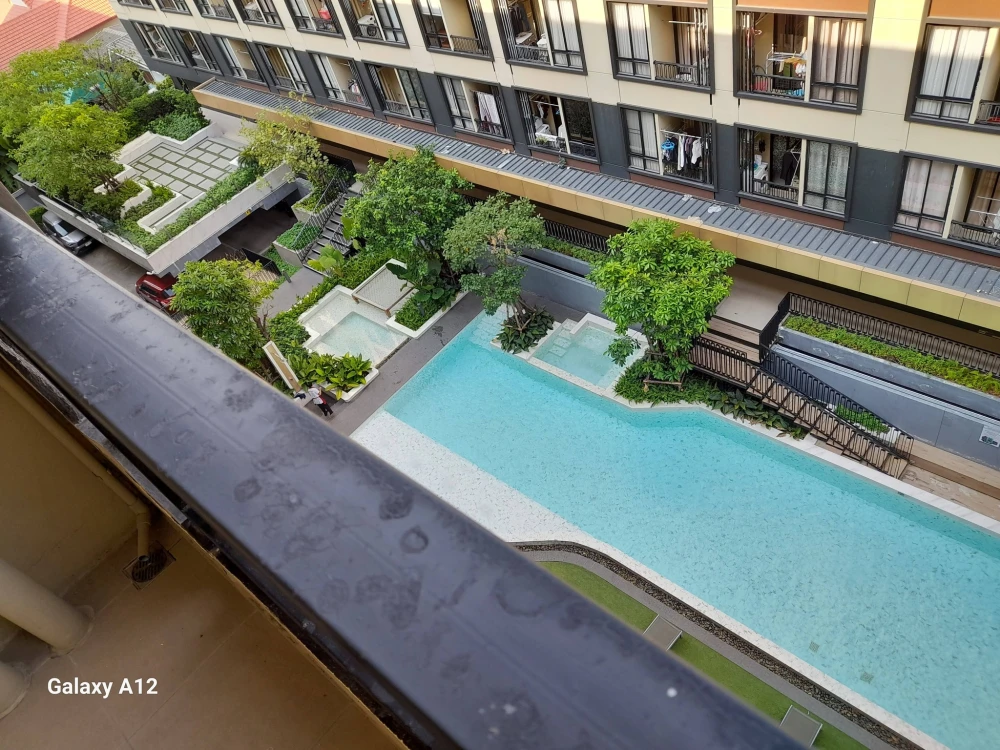 ให้เช่า พลัมคอนโด สะพานใหม่ สเตชั่น  ฝั่งสระว่ายน้ำ วิวระเบียง มองเห็นสระว่ายน้ำส่วนกลาง กั้นห้องนอนและห้องนั่งเล่นเป็นสัดส่วน