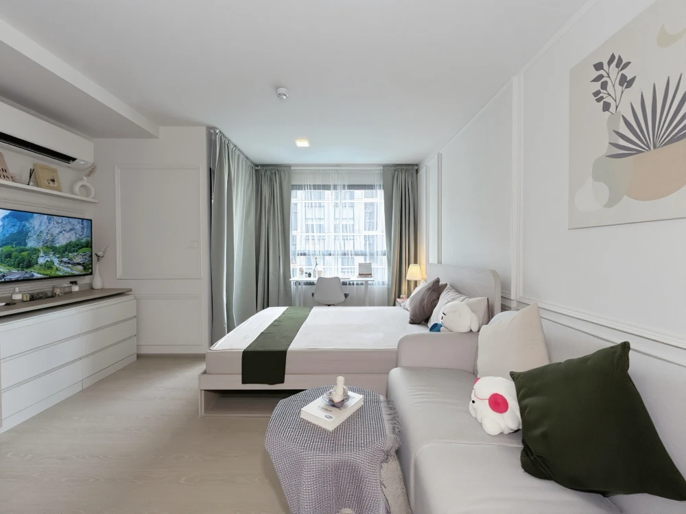 ให้เช่า d condo air Ladkrabang 1 ห้องนอน 1 ห้องน้ำ แต่งสวยคุมโทน เห็นวิวสระว่ายน้ำ จองเลย