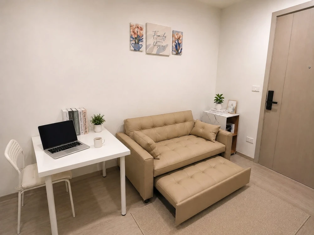 ให้เช่า Origin Place Bangna ห้องตกแต่งสไตล์ Modern Minimal โทนอบอุ่น เฟอร์นิเจอร์ครบ ครัวแยกเป็นสัดส่วน ห้ามพลาด