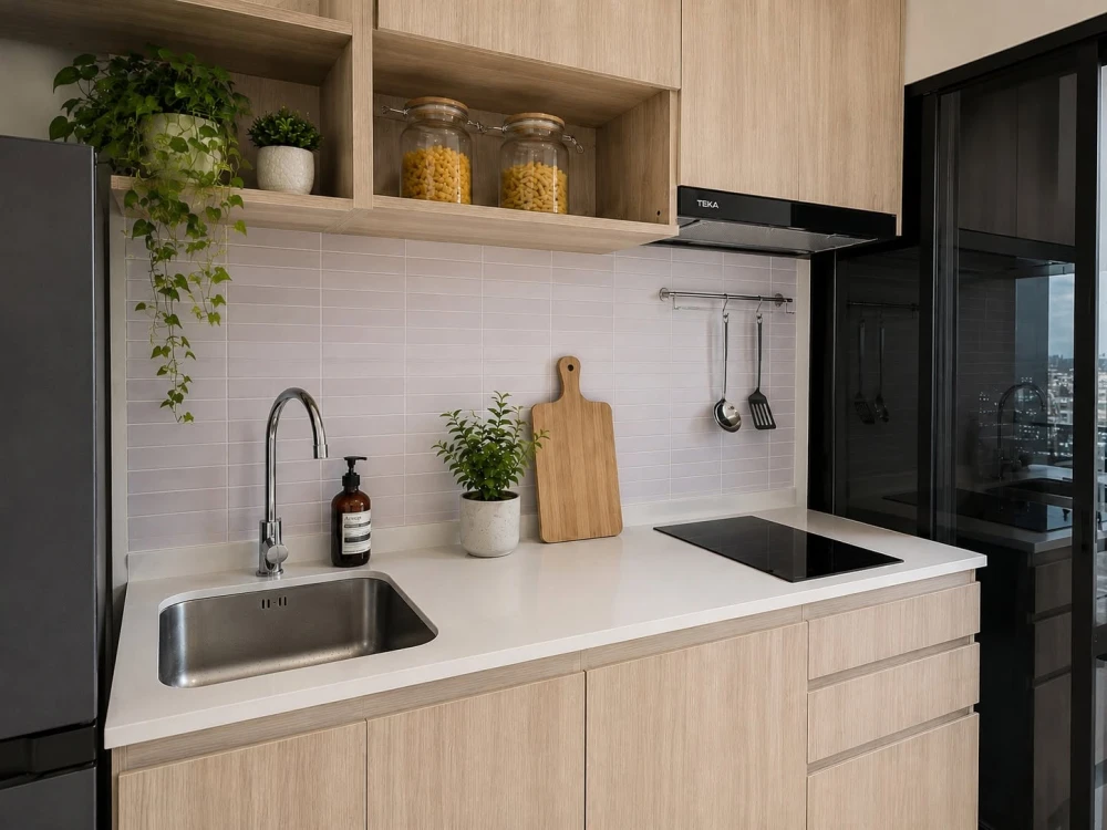ให้เช่า Origin Place Bangna ห้องตกแต่งสไตล์ Modern Minimal โทนอบอุ่น เฟอร์นิเจอร์ครบ ครัวแยกเป็นสัดส่วน ห้ามพลาด