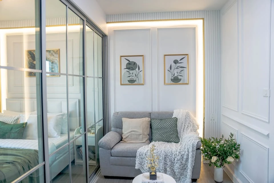For sale: A Space ME Bangna, Mega Bangna view, north facing, beautifully decorated room in bright tones, waterproof SPC flooring, premium grade paint,