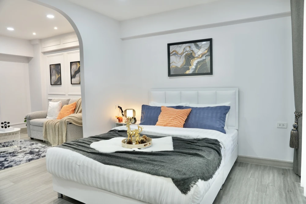 Grand Park Town for sale, beautifully decorated room in white-gray tones, using premium paint, can be wiped clean, SPC floor, waterproof, termite-proo