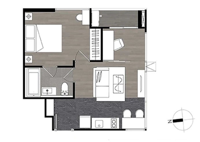 For sale: The Teak Ratchada 19, ready-to-move-in condo, fully furnished, wallpapered throughout the room, complete with electrical appliances. Reserve