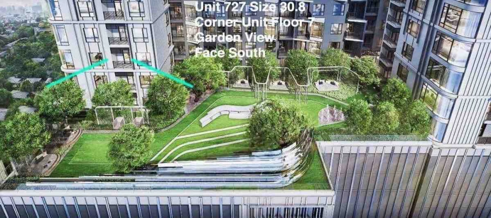Selling The Tree Pattanakarn - Ekkamai, 7th floor, garden view, corner unit, bedroom wall not shared with any other unit, fully furnished with built-i