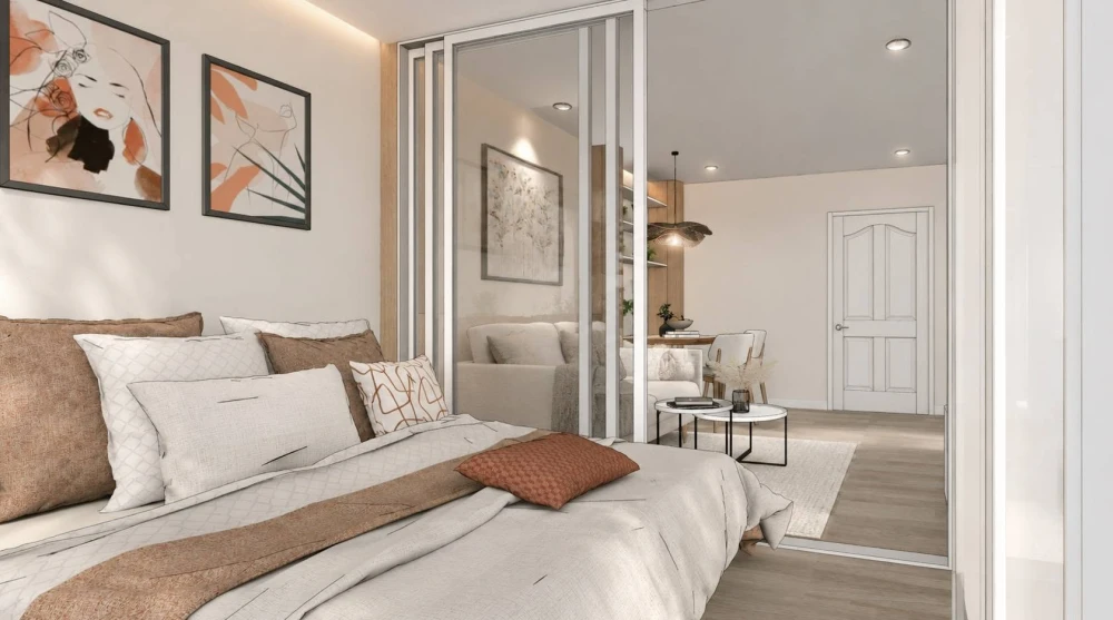 For sale: Unit at Lumpini Ville Ramkhamhaeng 26, featuring a warm and soothing Japandi-style interior. The bedroom is partitioned with clear glass, cr images