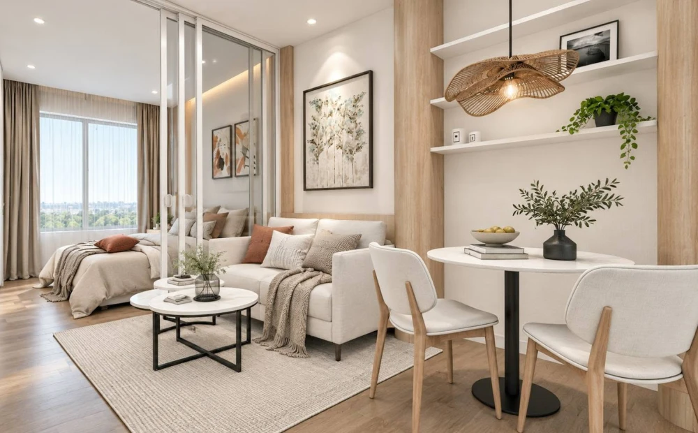For sale: Unit at Lumpini Ville Ramkhamhaeng 26, featuring a warm and soothing Japandi-style interior. The bedroom is partitioned with clear glass, cr