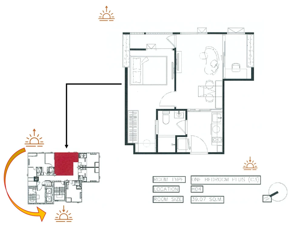 Down payment sale for COBE Ratchad Rama 9, One Bedroom Plus room, Building H, front zone of the project, unobstructed view of the common area.