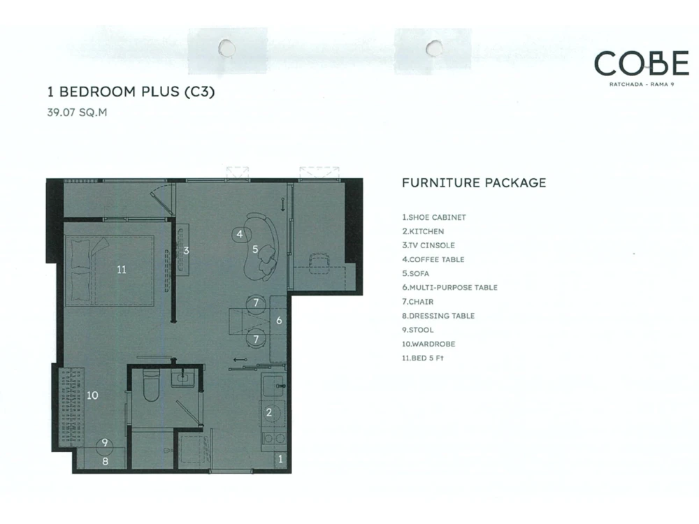 Down payment sale for COBE Ratchad Rama 9, One Bedroom Plus room, Building H, front zone of the project, unobstructed view of the common area.