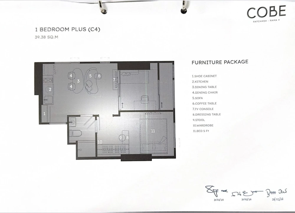 Down payment sale COBE Ratchada-Rama 9, corner room, 1 Bedroom Plus, size 39.38 sq m., with built-in furniture from the project, reserve now.