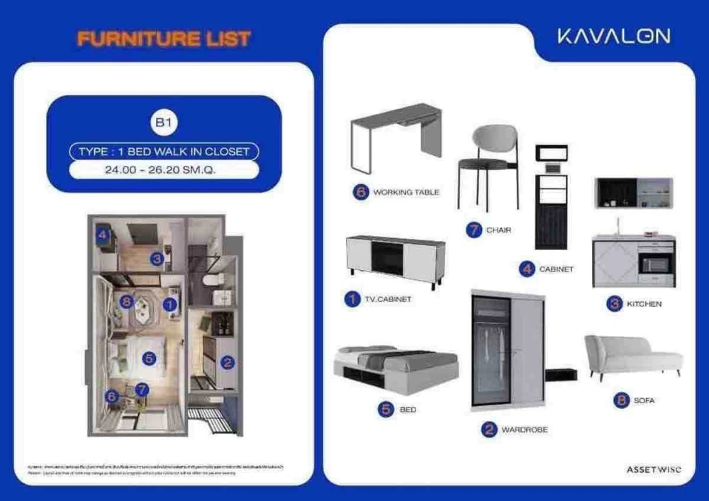 Down payment for sale: 1-bedroom unit at KAVALON, featuring a walk-in closet. This is a corner unit with no adjacent neighbors, offering complete priv