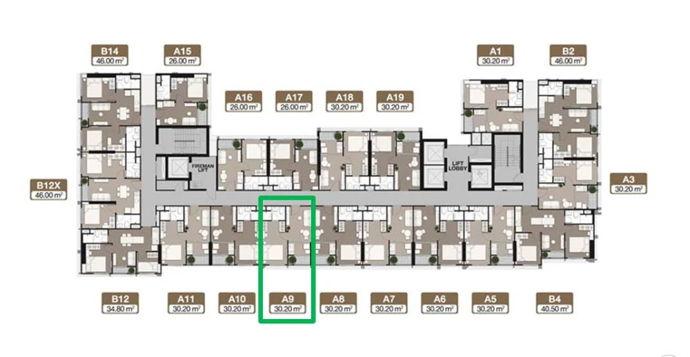 Down payment sale NUE District R9 1 bedroom, 1 bathroom, kitchen attached to balcony, 2.6 meter high ceiling, reserve now.