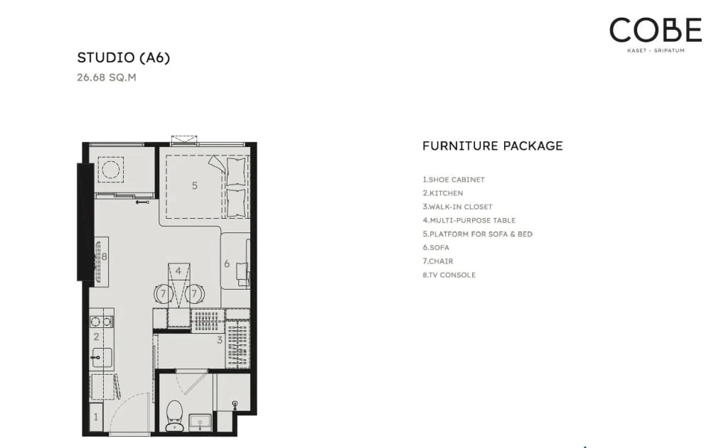 Condo for sale, COBE Kaset-Sripatum Studio, 26.68 sq m, high floor, open view, east side, fully furnished, fully decorated, reserve now.