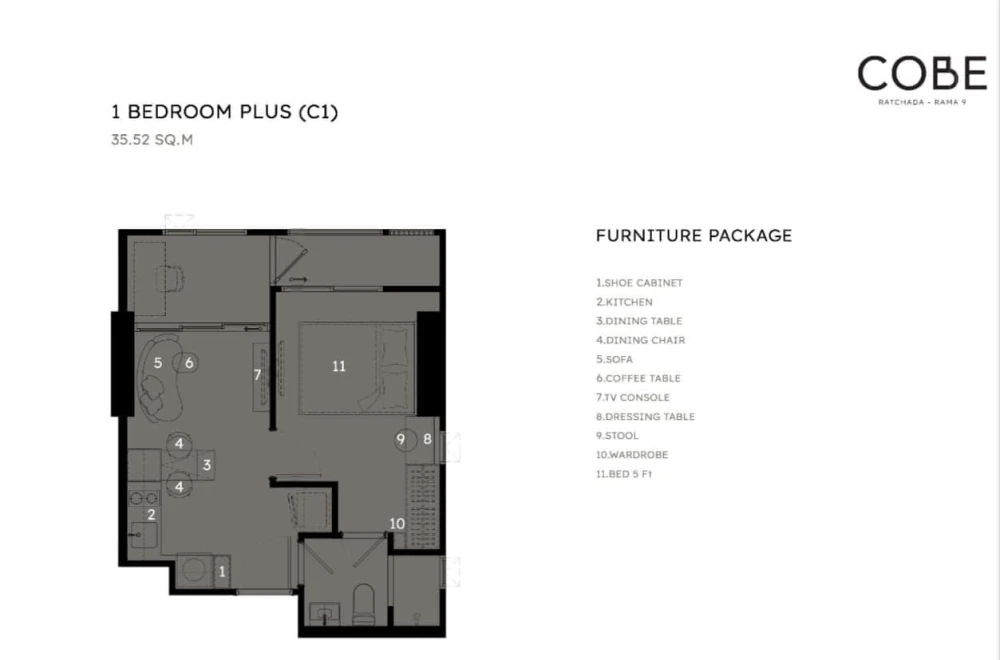Selling down payment reservation COBE Ratchada - Rama 9 1 bedroom plus 35.52 square meters, great price, reserve now.