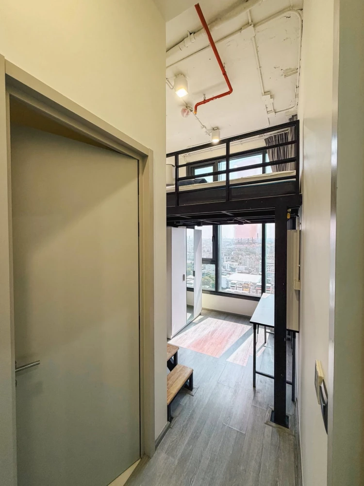 Available for immediate rental: The Line Sukhumvit 101, mezzanine duplex, maximizing space both inside and out, 16th floor, stunning river view. Book