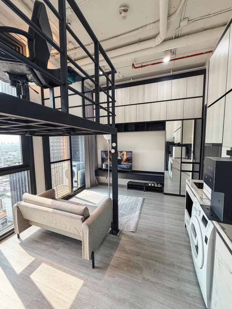 Available for immediate rental: The Line Sukhumvit 101, mezzanine duplex, maximizing space both inside and out, 16th floor, stunning river view. Book