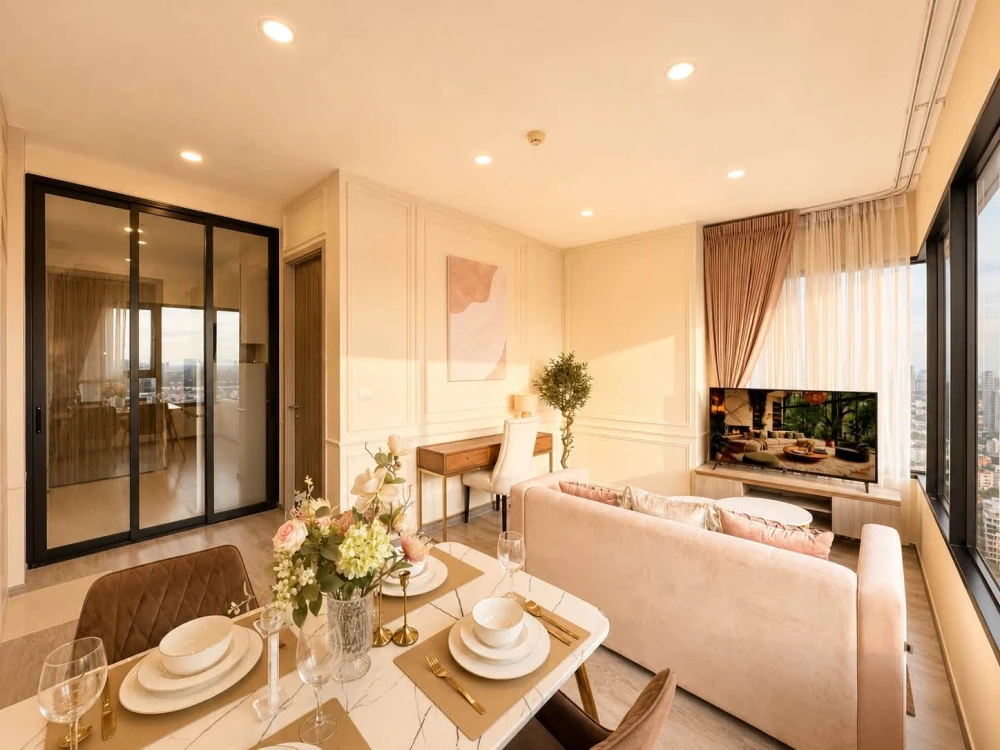 For rent: Knightsbridge Prime On-nut. Spacious room with well-divided spaces, city/Bang Krachao river view, and natural light. Reservation required.
