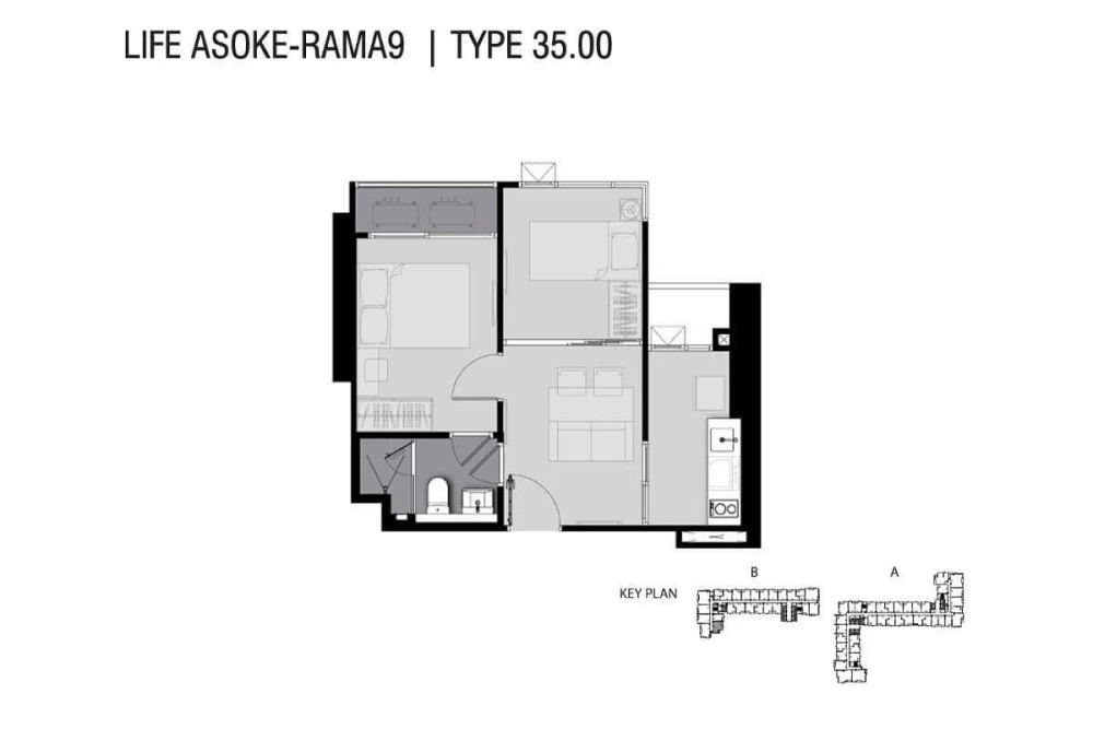 For rent: Life Asoke-Rama 9, 1 bedroom, 1 bathroom, decorated in a theme, comes with complete furniture and amenities. Reserve now!