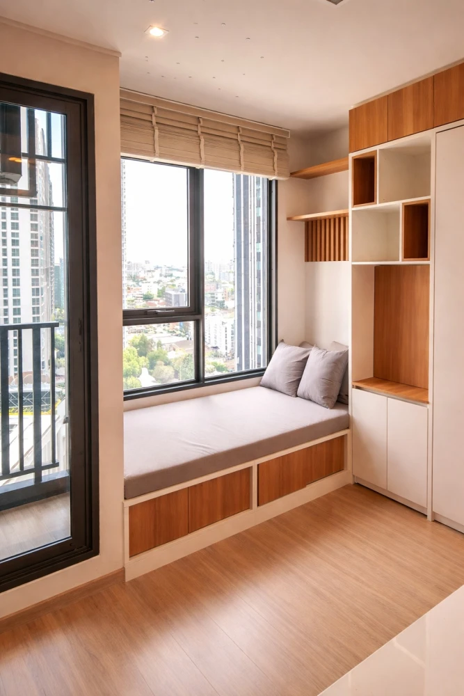 For rent: Life Ladprao condo with multi-functional furniture. The well-designed furniture maximizes space, making the room feel spacious, airy, and in