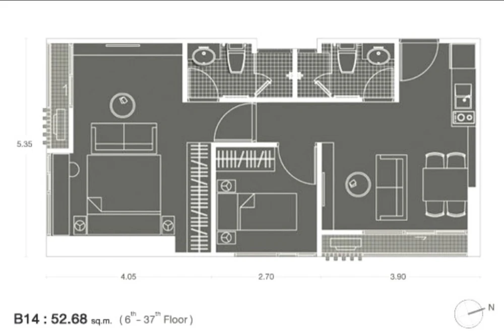 For rent: Noble Revolve, 2 bedrooms, 2 bathrooms, 53 sq m., high ceiling, cream wallpaper, built-in furniture, very worth booking.
