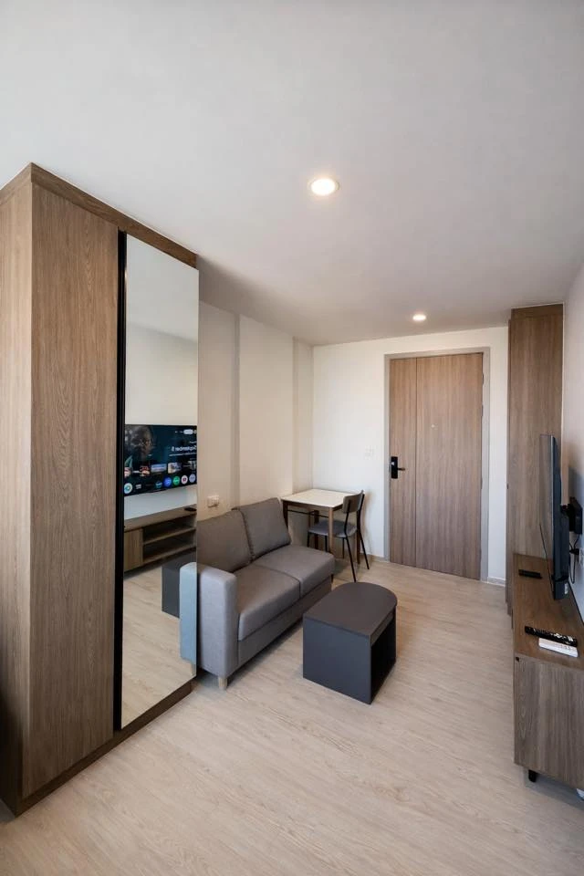 For rent: Nue Core Khu Khot Station studio room with north-facing balcony. Fully furnished and equipped. Don't miss out!