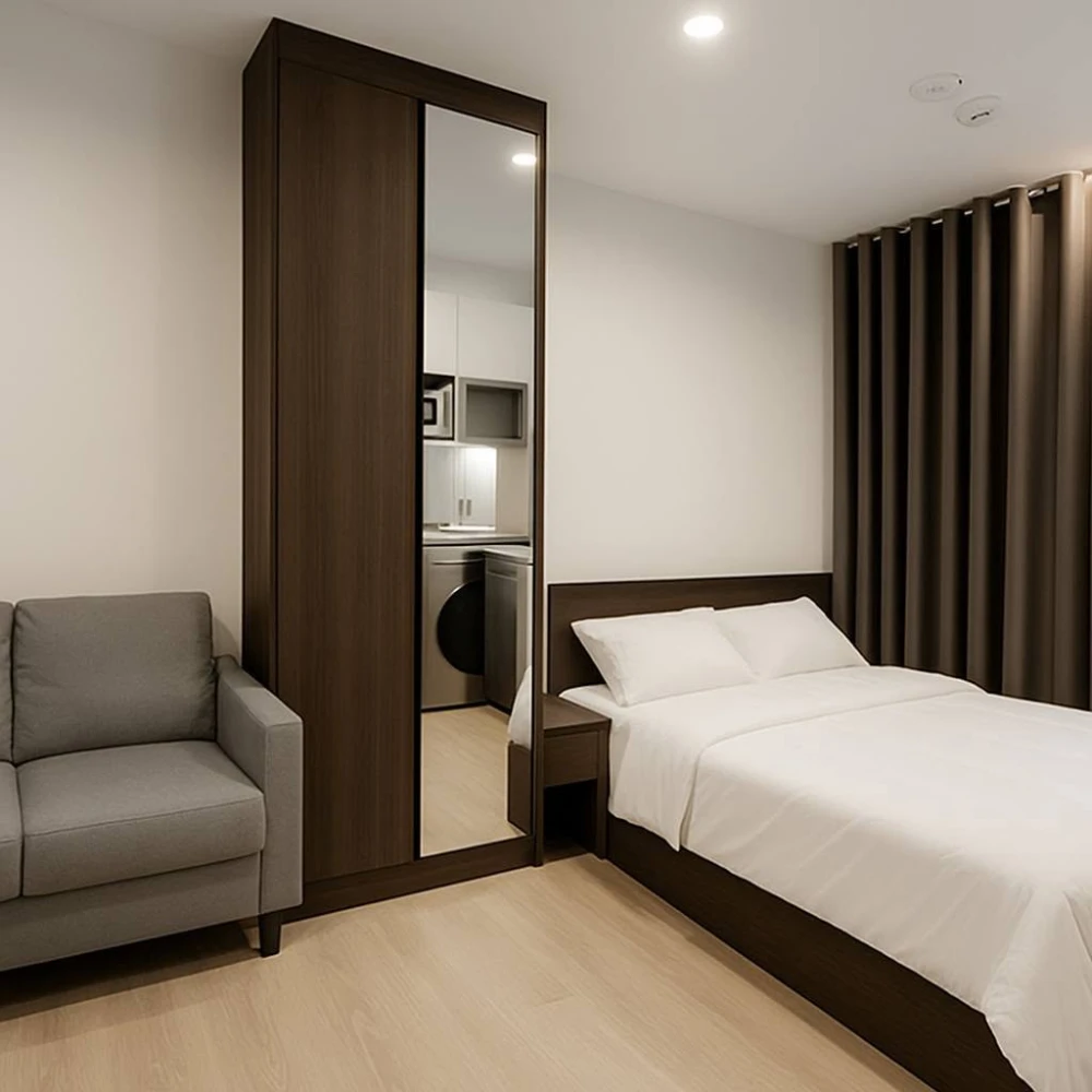 Studio apartment for rent near Nue Cross Khu Khot Station. Fully furnished with appliances and garden view. Book now!
