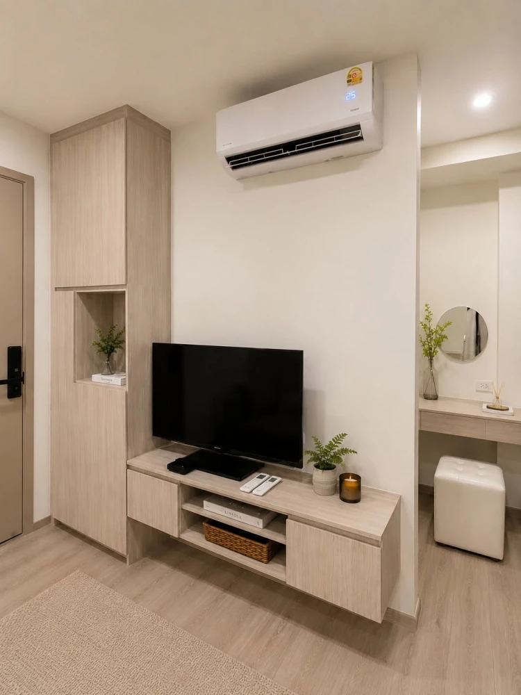 For rent: Origin Place Bangna, modern minimalist style unit with warm tones, fully furnished, separate kitchen. Don't miss out!