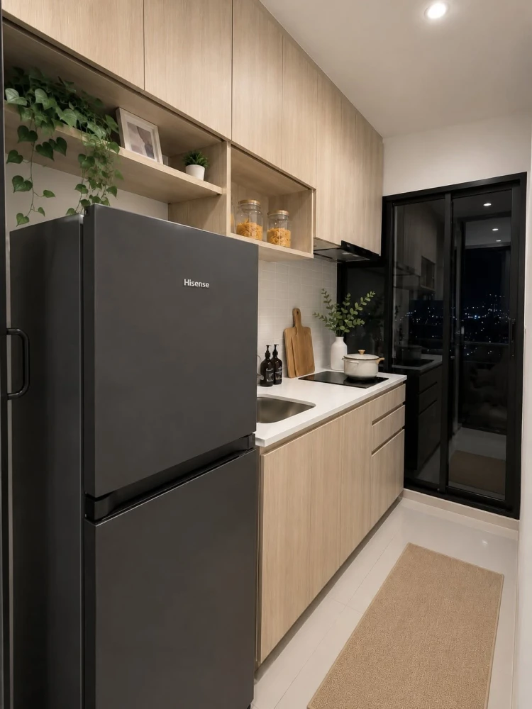 For rent: Origin Place Bangna, modern minimalist style unit with warm tones, fully furnished, separate kitchen. Don't miss out!