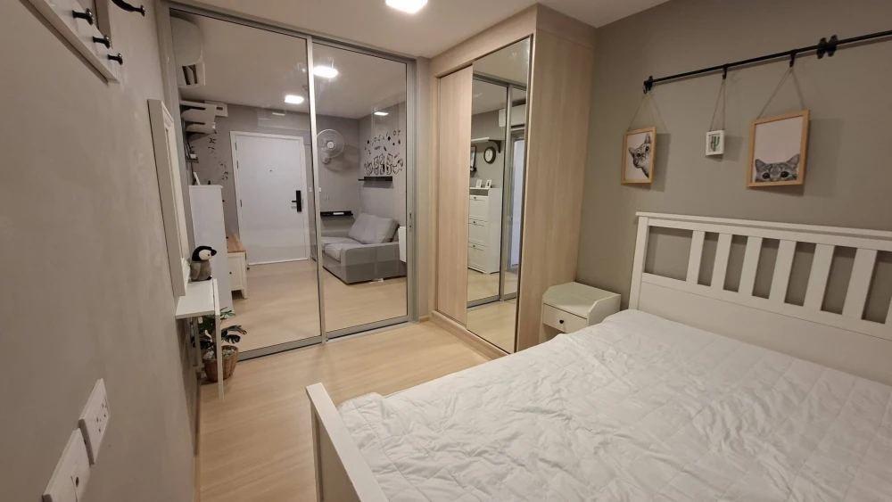 Plum Condo Rangsit Fresh, Building A, 3rd floor, pool view. Glass partition separating bedroom and kitchen. You won't want to miss this!