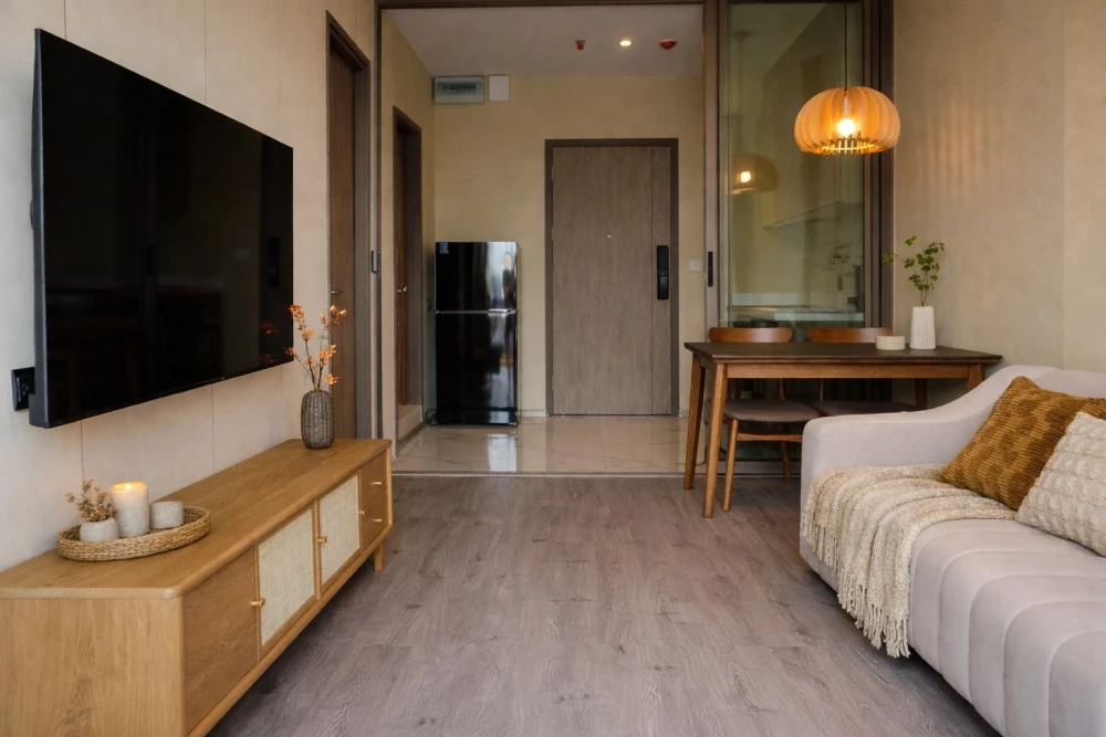 For rent: Rhythm Ekkamai Estate, 1 bedroom, 1 bathroom. Decorated in a coordinated theme, fully furnished. Book now!