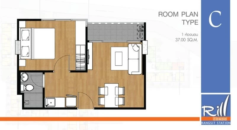 Rill Condo Rangsit for rent, corner unit, 6th floor, view of the Red Line Skytrain, wallpapered walls, fully furnished and ready to move in.