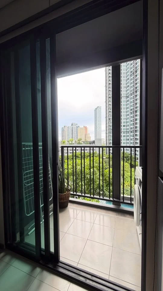 For rent: The Base Park East. The unit features a warm color palette and excellent natural light. From the bedroom, opening the curtains reveals a vie