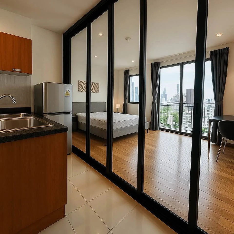 Villa Sathorn for rent, the room has sliding glass doors separating the kitchen and living areas, complete with furniture and appliances, must book.