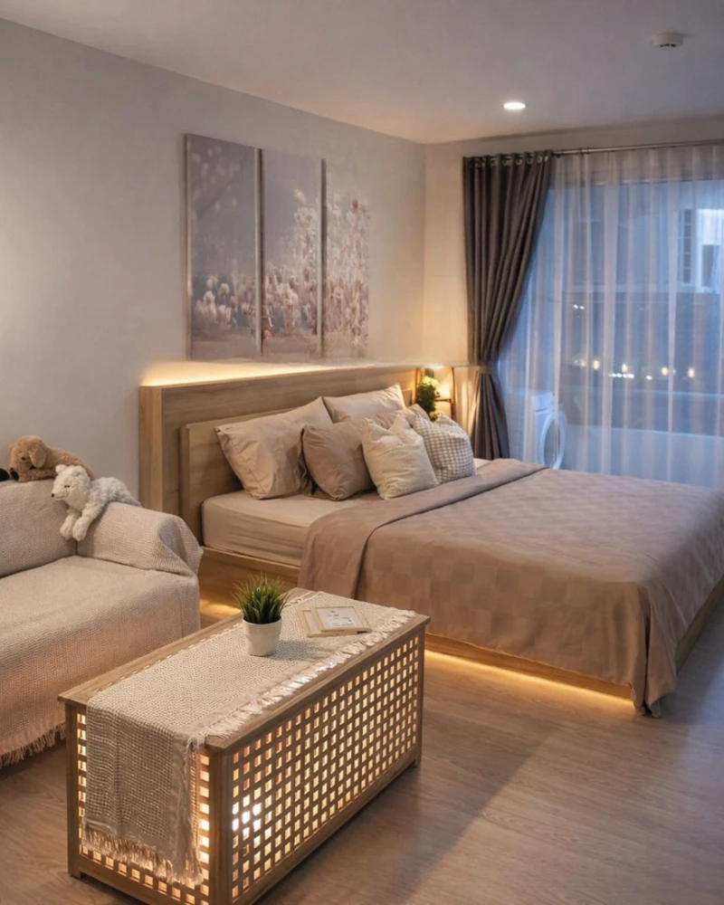 For rent: Ratchada Orchid. Spacious balcony with open city view and good ventilation. Simple yet stylish decor. Fully furnished and ready to move in.