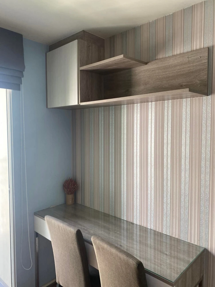 For rent: Lumpini Nawamin Sri Burapha, Building C1, 10th floor, very comfortable color tone room, fully furnished with built-in furniture. Reserve now