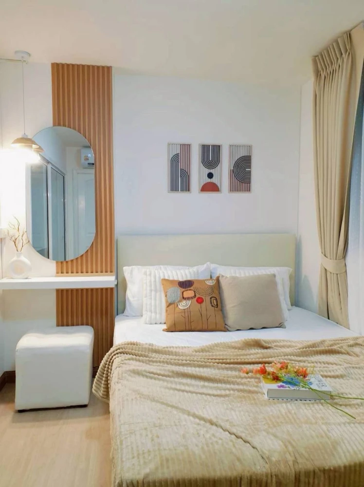 For rent: Lumpini Center Nawamin, fully furnished in Minimalist Muji style. Warm and homey, emphasizing wood accents and a spacious, airy feel, creati