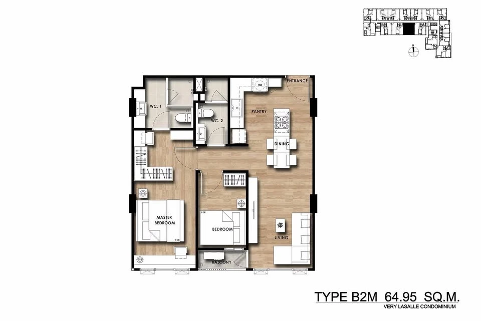 For rent: Very Lasalle, Sukhumvit 105. Pool view from both bedroom and living room. Built-in cabinetry, kitchen with real marble countertops, and bath
