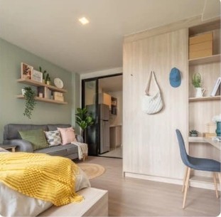 For rent, The Move Kaset, nice room, decorated in comfortable colors, beautiful view, no block, can carry the bag and move in.
